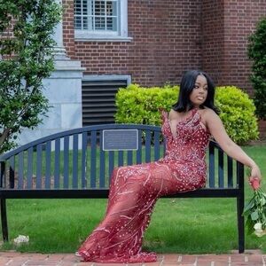 Beaded Burgundy Prom Gown - Women's Formal Dress